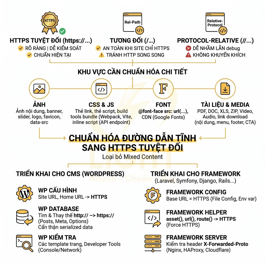 Infographic hướng dẫn chuẩn hóa đường dẫn tuyệt đối HTTPS cho website, CMS WordPress và framework web